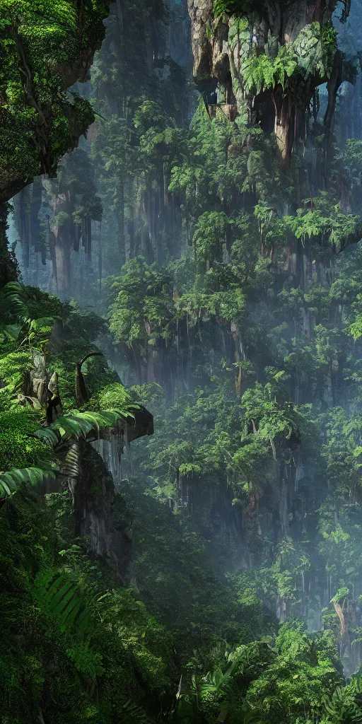 Prompt: a side of a very tall mountains covered in foliage , James Cameron avatar style, cinematic, atmospheric, featured on artstation, ultra detailed