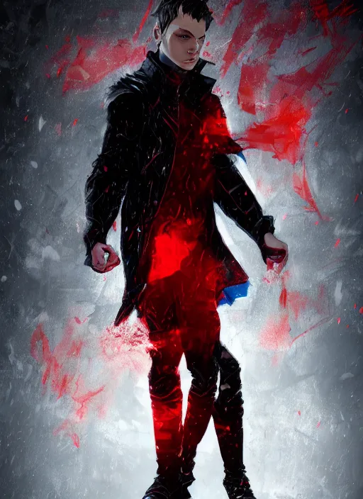 Image similar to An epic fantasy comic book style portrait painting of a young man with black cowlick haircut, wearing black overcoat, red clothes, blue jeans. Unreal 5, DAZ, hyperrealistic, octane render, cosplay, RPG portrait, dynamic lighting