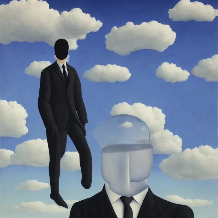 Image similar to portrait of a faceless reflective chrome - head man in a suit and black gloves, clouds and nature landscape in the background, by rene magritte, detailed painting, distance, centered, hd, hq, high resolution, high detail, 4 k, 8 k