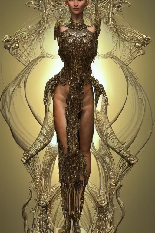 Image similar to a realistic portrait of a beautiful ancient alien woman goddess bella hadid standing in iris van herpen dress jewelery and fractals in style of alphonse mucha art nuvo dmt trending on artstation made in unreal engine 4