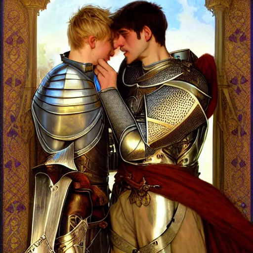 Prompt: attractive arthur pendragon and his favourite attractive male knight, they are in love, camelot, natural lighting, path traced, highly detailed, high quality, digital painting, by gaston bussiere and ross tran and j. c. leyendecker and alphonse mucha