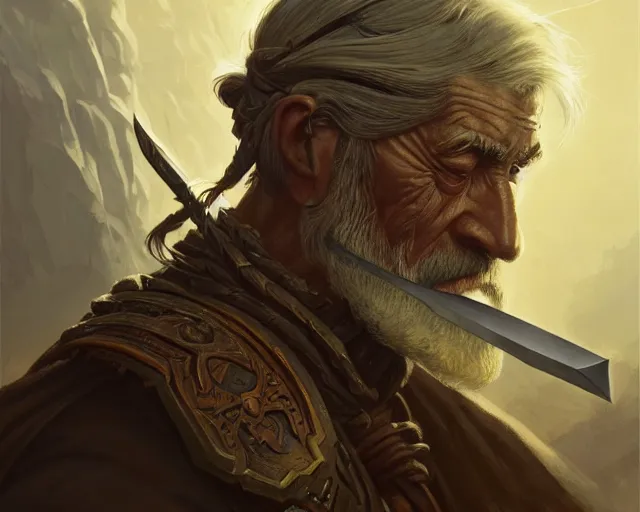 Image similar to old warrior holding his sword in front of his face, deep focus, d & d, fantasy, intricate, elegant, highly detailed, digital painting, artstation, concept art, matte, sharp focus, illustration, hearthstone, art by artgerm and greg rutkowski and alphonse mucha