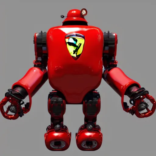 Prompt: a red robot with big tires on it's shoulders, Ferrari logo on it's chest, a round motorcycle helmet on it's head | unreal engine | hd | 3D model