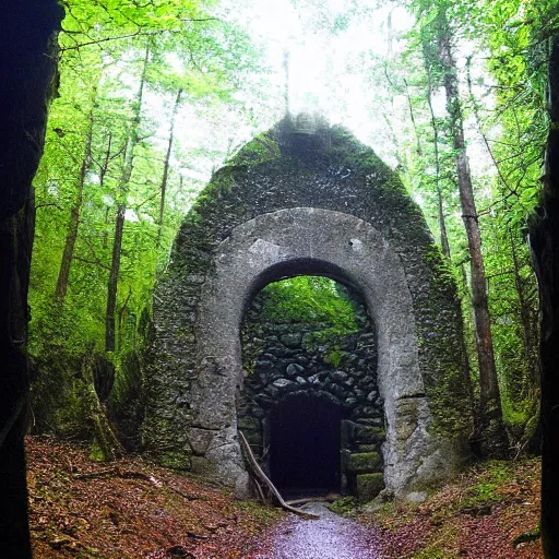Prompt: the entrance of an old dungeon in the depths of the forest