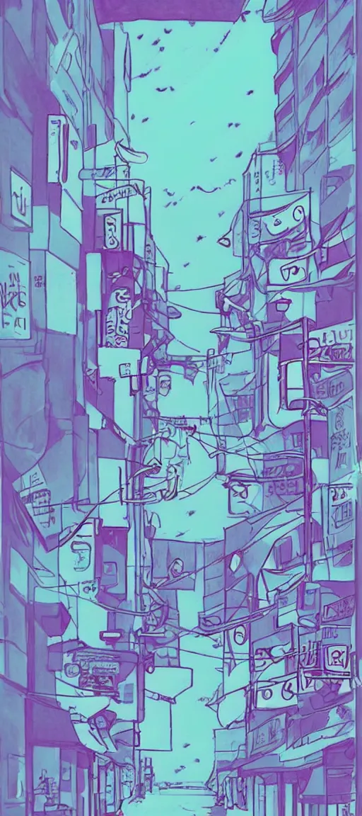 Image similar to beautiful drawing style vaporware cartoon japan, kawaii rainy gloomy, illustration, aesthetic, minimalistic!! simple, neon pastel, in the style of shoujo ai manga