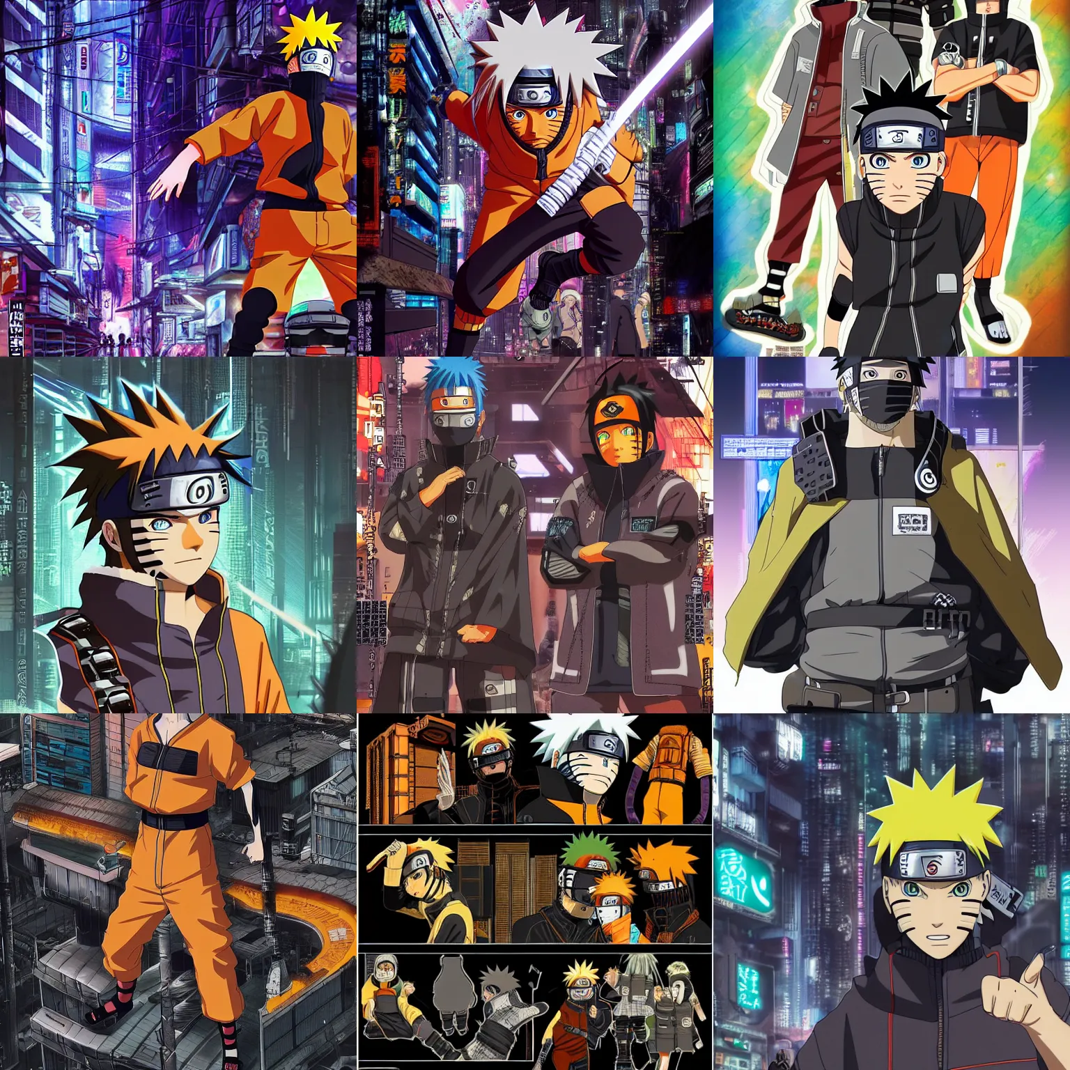 Prompt: Naruto, cyberpunk, high detail, high modernization, high stylization, 16k
