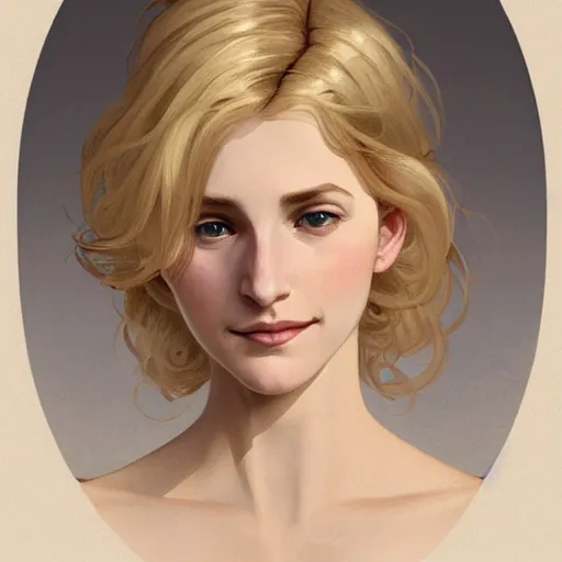 Prompt: A pregnant blond woman with closed eyes smiling, very detailed sharp angular masculine face, hooked nose and square jaw long fluffy curly blond hair, (12x) extremely pale white skin, light blond hair, gorgeous, beautiful, intricate, highly detailed, digital painting, artstation, concept art, sharp focus, illustration, art by greg rutkowski and alphonse mucha