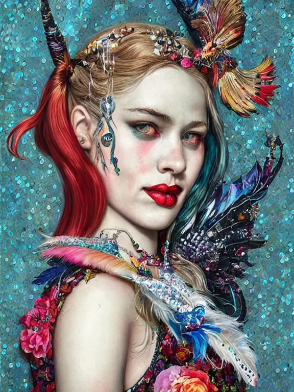 Image similar to a 65mm portrait of harley quinn between embellished avian-inspired sequined feather-adorned wings and flower bushes,by tom bagshaw,Cedric Peyravernay,DIOR,marie spartali Stillman,William Morris,Dan Mumford,trending on pinterest，maximalist,glittering,feminine