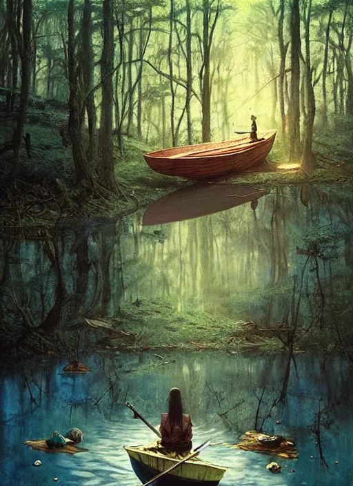 Image similar to boat in the woods by a river gorgeous lighting, lush forest foliage blue sky a hyper realistic painting by chiara bautista and beksinski and norman rockwell and greg rutkowski, tom bagshaw weta studio, and lucasfilm