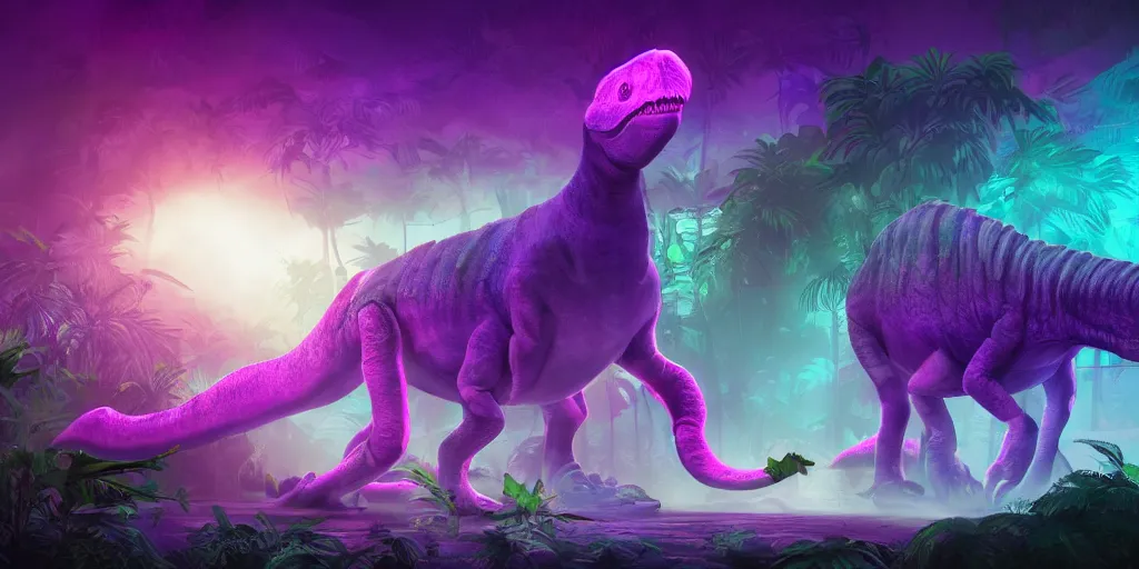 Image similar to spectral purple neon dinosaur, green jungle background, detailed, ultrawide landscape, concept art