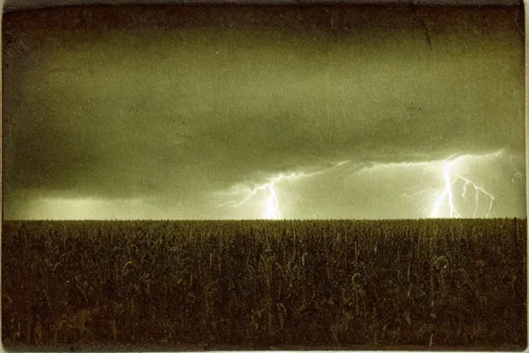 Image similar to dark old polaroid of an lightning strike hitting a corn field during a thunderstorm, pictorialism, desolate