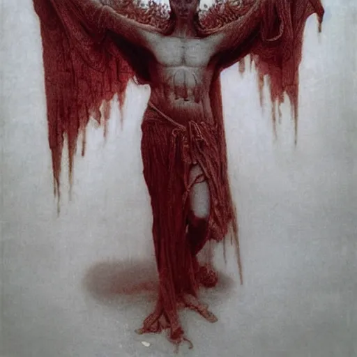 Prompt: a fully clothed tall gaunt emaciated black armored robed god prince angel in crimson chitinous stag armor trimmed in ivory by beksinski and Waterhouse