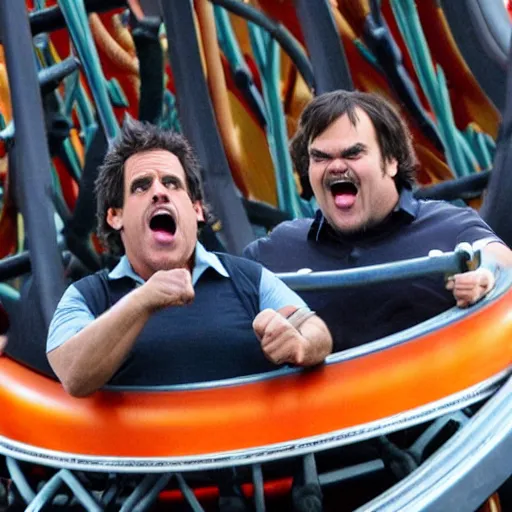 Prompt: ben stiller and jack black on rollercoaster, screaming!, hands in the air, highly detailed, high resolution, candid