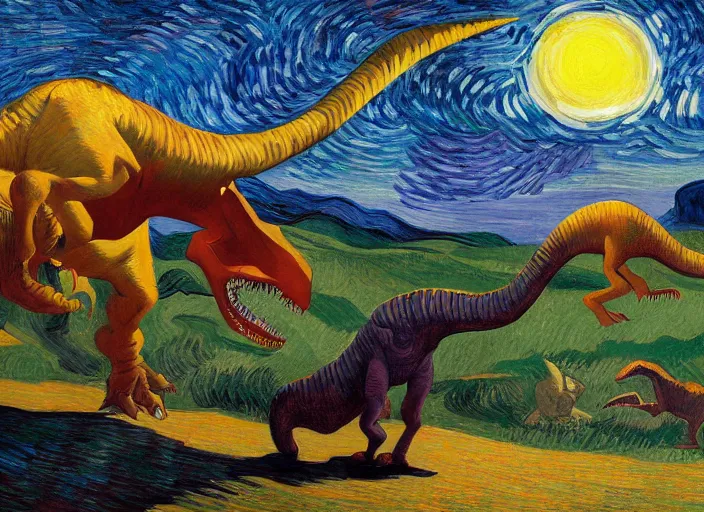 Prompt: painting of the extinction of the dinosaurs with asteroid and fire, in the style of edward hopper and vincent van gogh, dramatic lighting at dusk