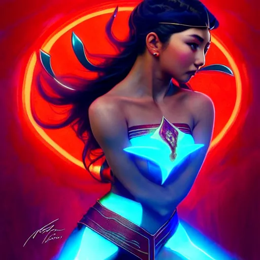 Image similar to nadine lustre as darna, volumetric lights, red and cyan theme, art nouveau botanicals, intricate, highly detailed, digital painting, artstation, concept art, smooth, sharp focus, cinematic, illustration, beautiful face, art by artgerm and greg rutkowski and alphonse mucha