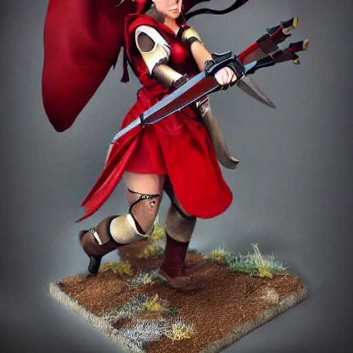 Prompt: long shot photo of a red riding hood valkyrie warrior