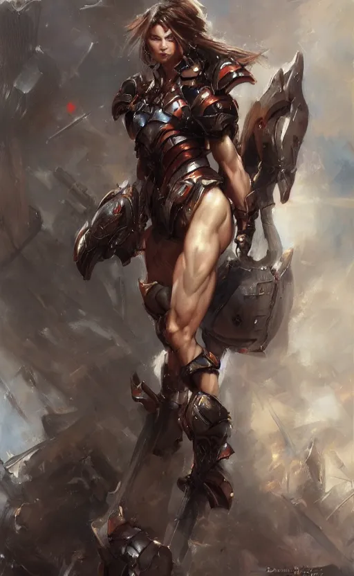 Image similar to muscular full armored girl by daniel gerhartz, trending on art station