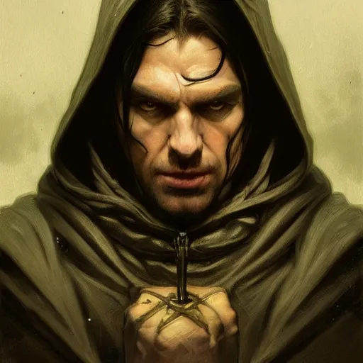 Prompt: portrait of a hooded half - elf middle aged man with black hair in a dark suburb, strong, angry, night, fantasy, highly detailed, digital painting, artstation, concept art, character art, art by greg rutkowski and tyler jacobson and alphonse mucha