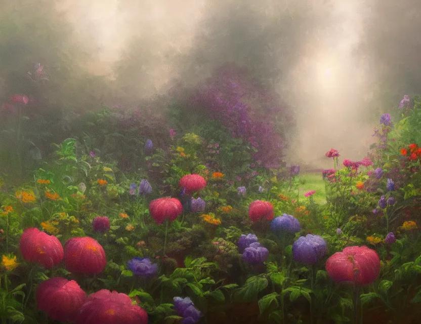 Image similar to amorphous, gooey life form consuming a cottage garden in a beautiful foggy morning. oil painting, indie concept art, bloom, chiaroscuro, backlighting, intricate details, depth of field.