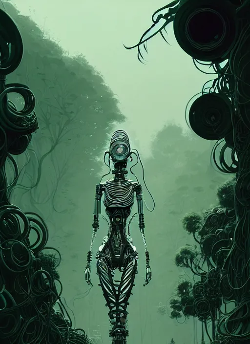 Image similar to highly detailed portrait of a biomechanical long curly white hair tribal lady, stray wiring by atey ghailan, james gilleard, by joe fenton, by greg rutkowski, by greg tocchini, by kaethe butcher, 4 k resolution, gradient green, black and white color scheme!!! ( ( forested robotic dense jungle background ) )