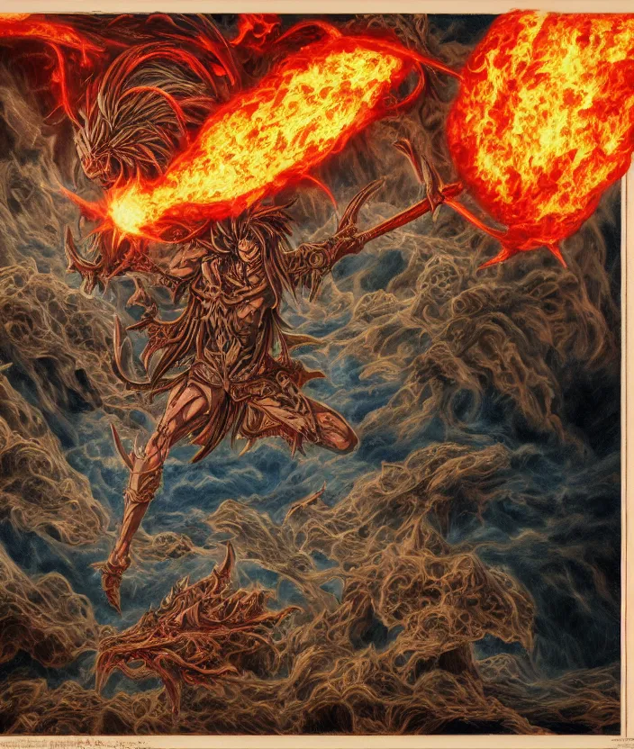 Prompt: demon lord rimuru tempest casts a fireball, 1 9 2 0's colored pencil, highly detailed, highly accurate, deep aesthetic, 8 k, highly ornate intricate details, cinematic lighting, rich colors, beautiful scenic view, ray tracing, hyperrealistic, photorealistic, cinematic landscape, trending on artstation, concept art,