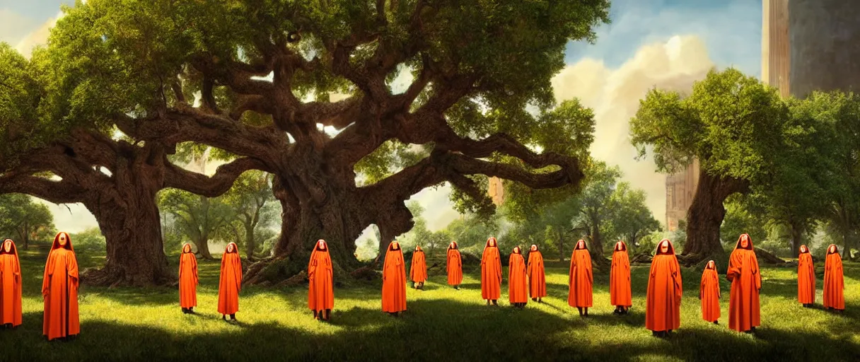 Image similar to hyperrealistic hyper detailed wide shot of low brow cyborg soldier nuns protecting a giant oak tree matte painting concept art key sage jeff koons very soft orange lighting low angle hd 8k sharp shallow depth of field