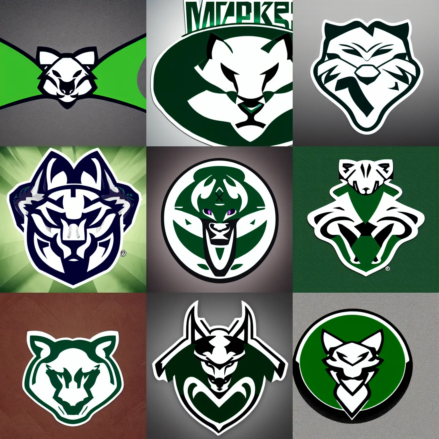 Prompt: a mad white panther esports logo, based off of the milwaukee bucks logo, only head, white background, sports logo, high school mascot, simplistic, green stroke,