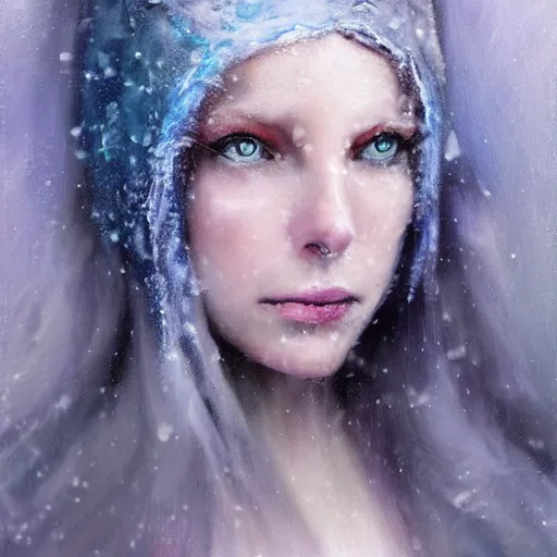 Prompt: ‘ icewind dale ’ themed womanly portrait by ‘ justin sweet ’, frost blue mask, falling snow, soft focus, oil paint,