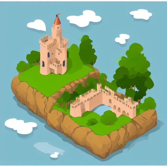 Image similar to isometric cartoon art of a small castle, white background