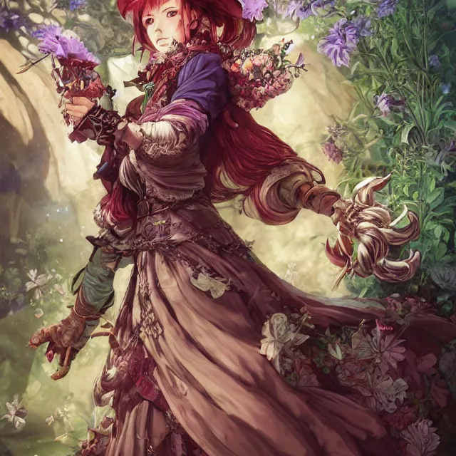 Image similar to the portrait of chaotic good female druid alchemist as absurdly beautiful, gorgeous, elegant, young anime girl, an ultrafine hyperdetailed illustration by kim jung gi, irakli nadar, intricate linework, sharp focus, bright colors, octopath traveler, final fantasy, unreal engine 5 highly rendered, global illumination, radiant light, detailed and intricate environment