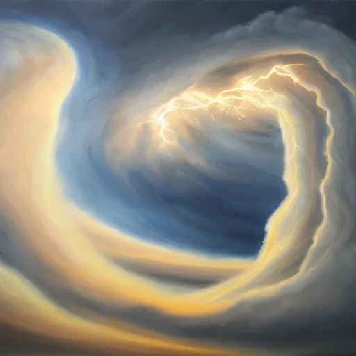 Image similar to a tornado shaped cloud, oil painting, award winning, dramatic lightning, UHD, 4k