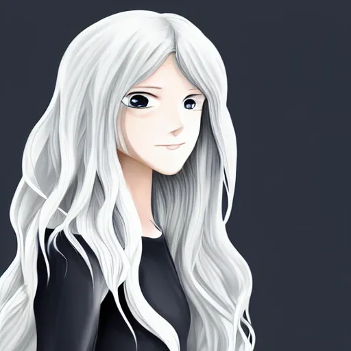 Image similar to young woman with long wavy light silver hair, with blackness instead of eyes, anime