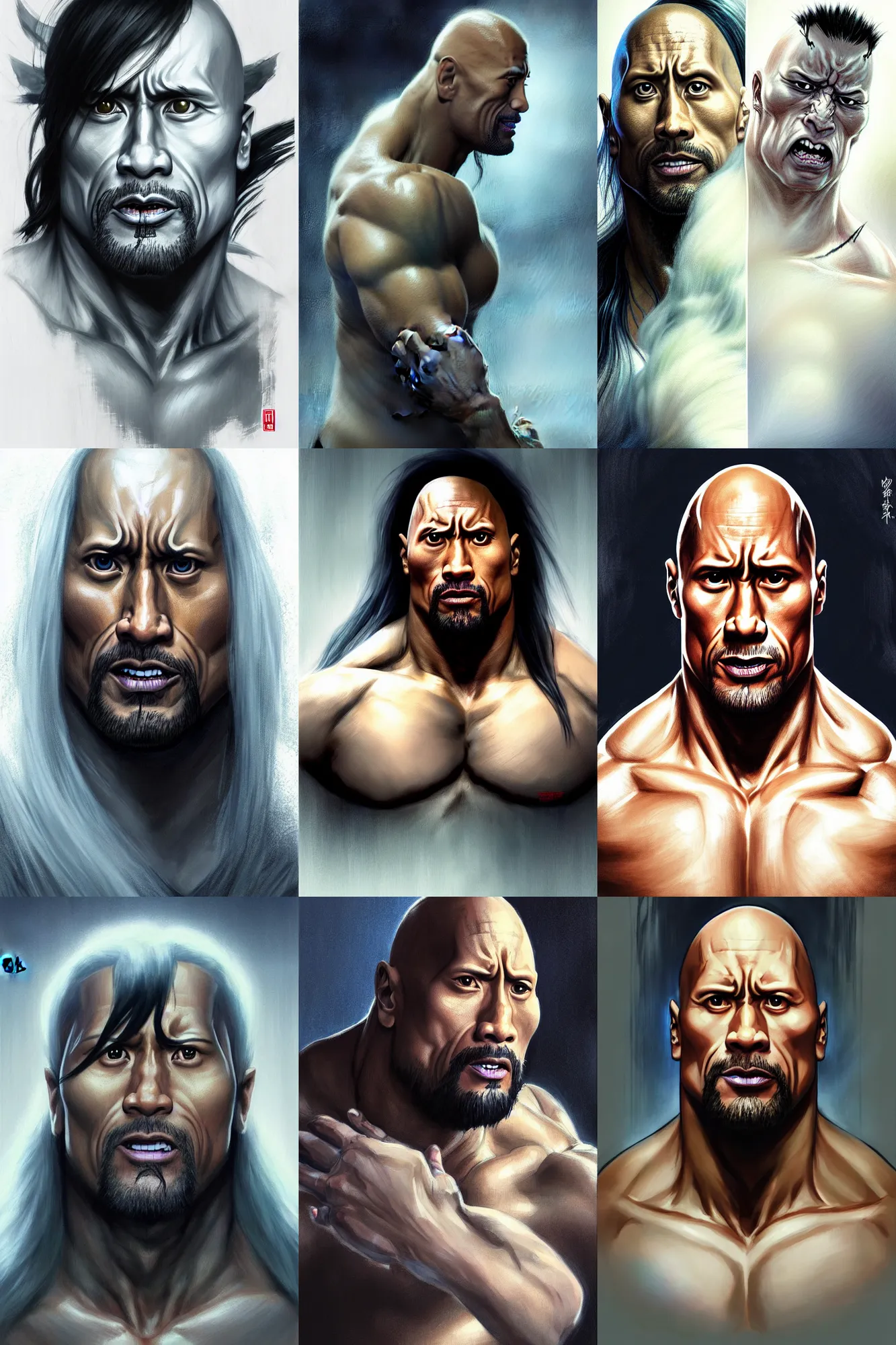 Prompt: dwayne johnson as a japanese ghost from the horror film the ring with lots of hair, animation pixar style, shaded lighting poster by magali villeneuve, artgerm, jeremy lipkin and michael garmash, rob rey and kentaro miura style, trending on art station