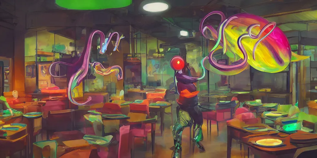 Prompt: concept photo highly detailed rendering of, a giant translucent colorful octapus stealing all the knives from a sushi restaurant at 3 am in the morning, humorous and weird, dramatic cinematic lighting