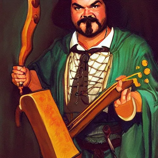 Prompt: D&D character portrait jack black as bard in a tavern playing a song but bad designed by Edwin Austin Abbey painted by john romita jr.