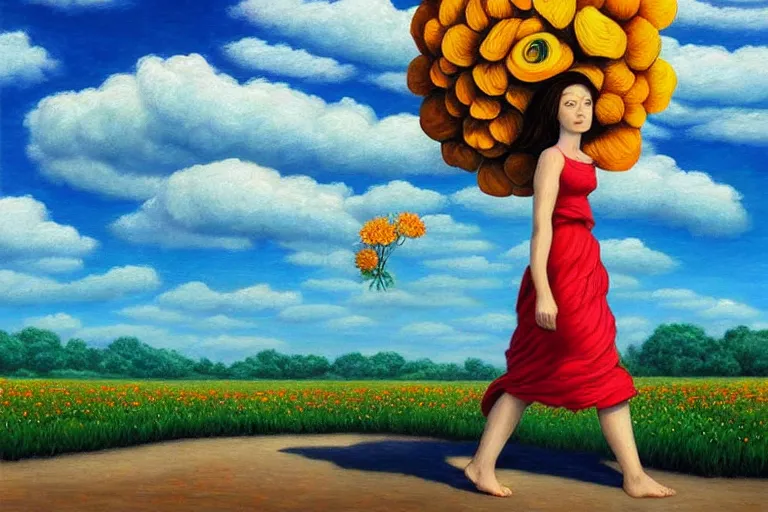 Image similar to giant flower head, woman walking, surreal, clouds in sky, impressionist painting, digital painting, artstation, rob gonsalves