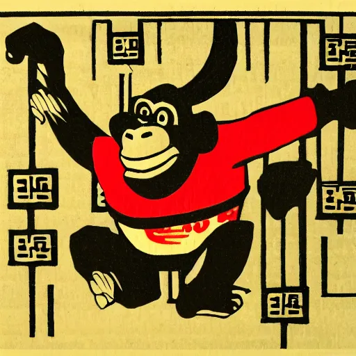 Image similar to Donkey Kong, in the style of a woodblock print.