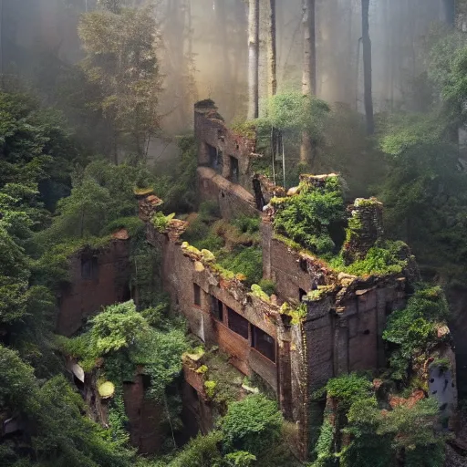 Image similar to aerial view of spare stone ruins!!!, wild forest!!! vegetation!!!, rubble!!, rusty cars!!, hyperrealistic, highly detailed, cinematic, foggy light from fires, beautiful, cgssociety, artstation, 8 k, oil painting by greg rutkowski, by artgerm, by wlop