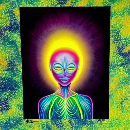 Image similar to painting of a tranquil alien made of light and glows meditating in dense forest by alex grey, acrylic art, ethereal, soothing, somber, elegant, warm light, cozy