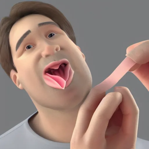 Prompt: a 3d cartoon of a man tasting a bandaid.