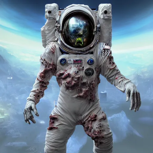 Image similar to an ultra detailed 3 d render of zombie astronaut, epic anime fantasy, 8 k, in the style of a fantasy metal album cover and magic the gathering, volumetric lighting, smooth, highly detailed, digital illustration, octane render, art by albert bierstadt and greg rutkowsi, artstation