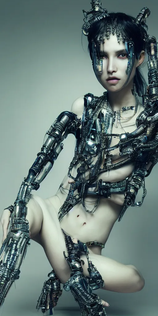 Image similar to hyperrealistic futuristic high fashion photography, girl in studio, full body, cybernetic parts by luis royo, asian, vogue magazine, nomad masterpiece, nano parts, neon lights, smoke, eerie music, beautiful intricate face and flawless skin, tribal jewelry, tattoos, perfect hands, head piece, by Edgar Maxence and Ross Tran and Michael Whelan, 8k, octane render