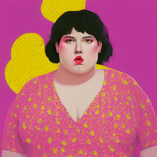 Image similar to colorful and festive cute female young plus size female todd solondz with tan skin, clear sharp female todd solondz face, wearing yellow floral blouse. fat full body, rich vivid pastel colors, ambient lighting, dynamic lighting, 4 k, atmospheric lighting, painted, intricate, highly detailed by charlie bowater