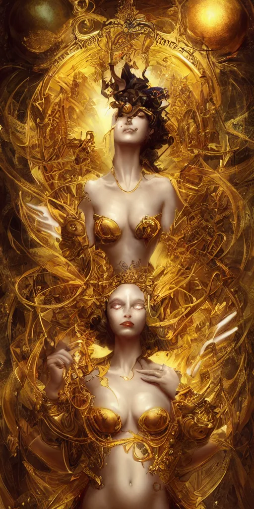 Prompt: greed deadly sin represented by a beautiful woman surrounded by gold, jewels, and treasure, style of peter mohrbacher, vray, highly detailed, luxury, fractal, golden ratio, elegant, epic
