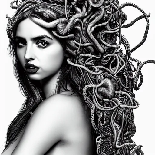 Prompt: ana de armas portrait as medusa from greek mythology, living venomous snakes in place of hair, ink drawing,, hyperdetailed, 8 k realistic, trending on artstation, by alphonso dunn and rob plater and miles yoshida