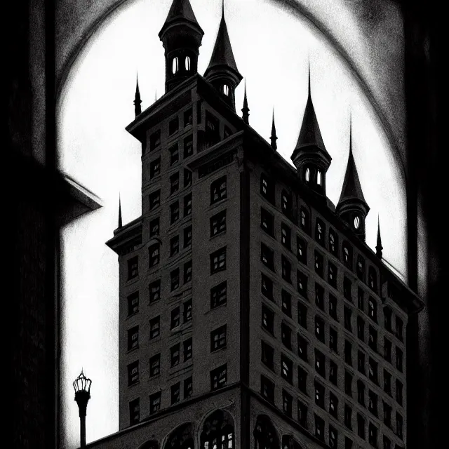 Prompt: spooky 1 5 - storey gothic hotel, boston 1 9 2 5 overlooking a dark street, photorealistic, dark, atmospheric lighting, painted, intricate, ultra detailed by leesha hannigan, thierry doizon, kai carpenter, well composed, best on artstation, cgsociety, epic, stunning, gorgeous, intricate detail, wow, masterpiece