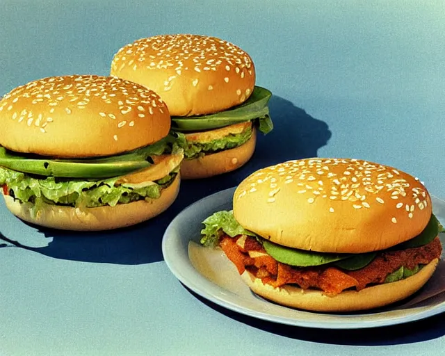 Image similar to 1970's cookbook color photograph of a big Mac with fries sharp detail high detail