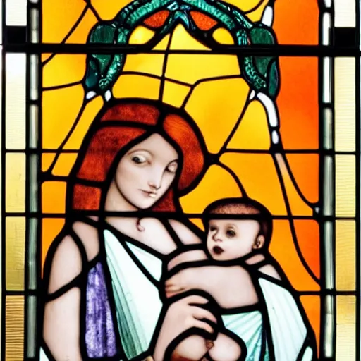 Prompt: a beautiful pale woman with orange hair holding a baby boy and a brown poodle, on a stained glass window