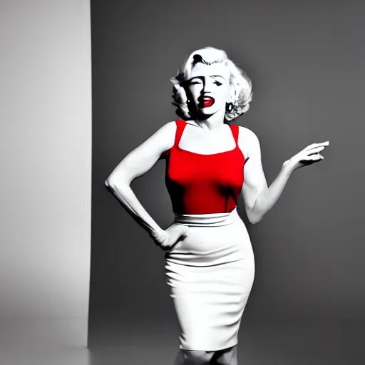 Image similar to Stunning modern studio portrait photograph of the original female model named Marilyn Monroe standing in a white room wearing a red dress, XF IQ4, f/1.4, ISO 200, 1/160s, 8K, RAW, unedited, symmetrical balance, in-frame, sharpened