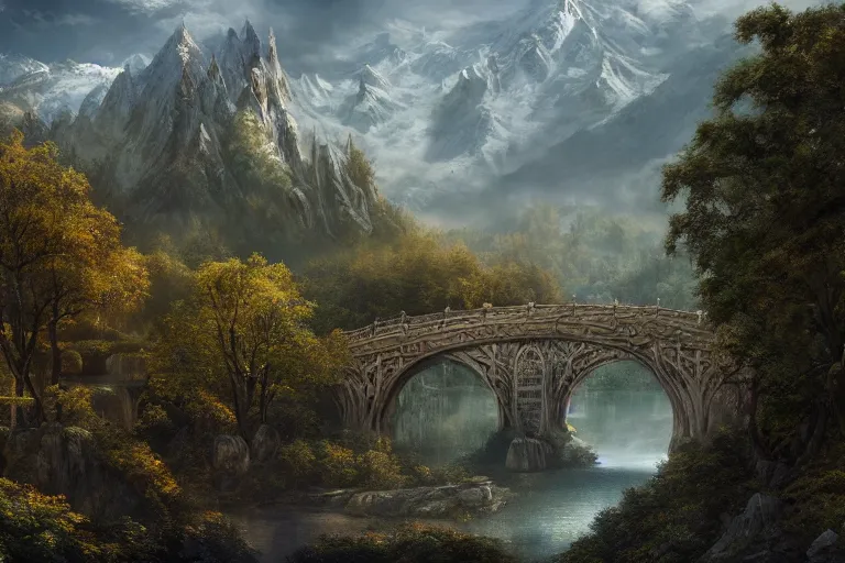 Image similar to rivendell from lord of the rings matte painting by yanick dusseault and dylan cole, artstation, 4 k, insanely detailed,